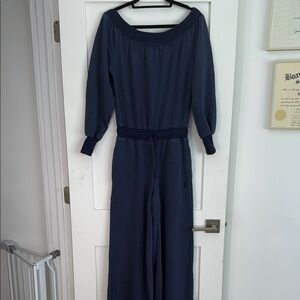 Free People Blue  sweatshirt Jumpsuit off the shoulder and wide leg